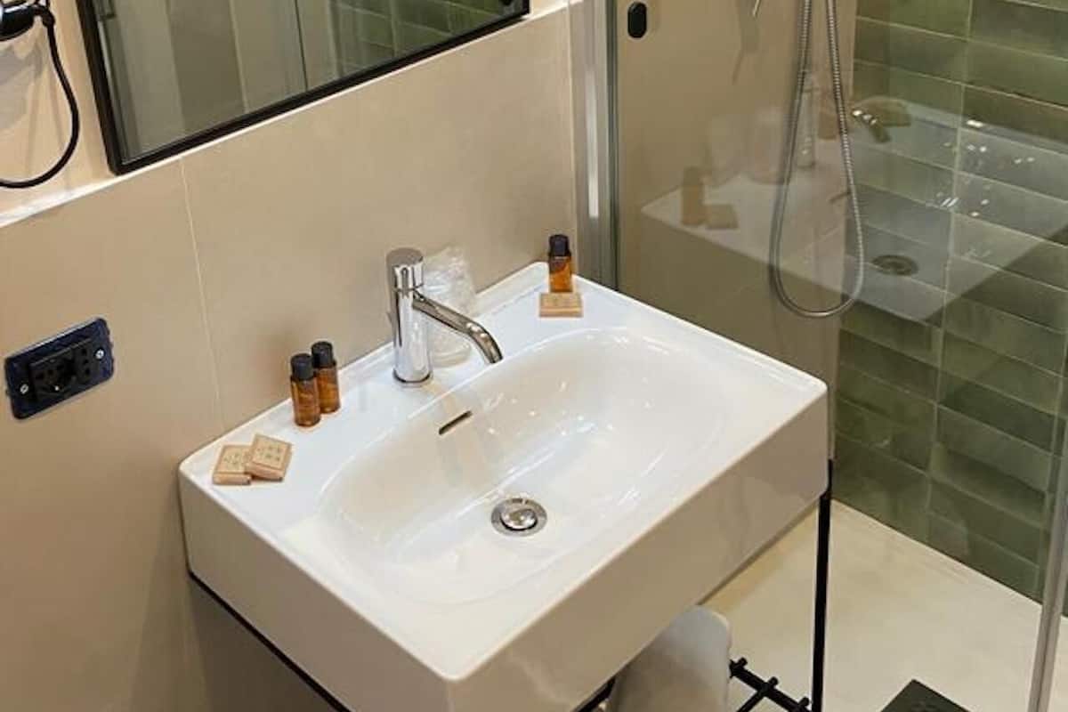 Driepersoonskamer | Badkamer | Een douche, een regendouche, een haardroger, een bidet