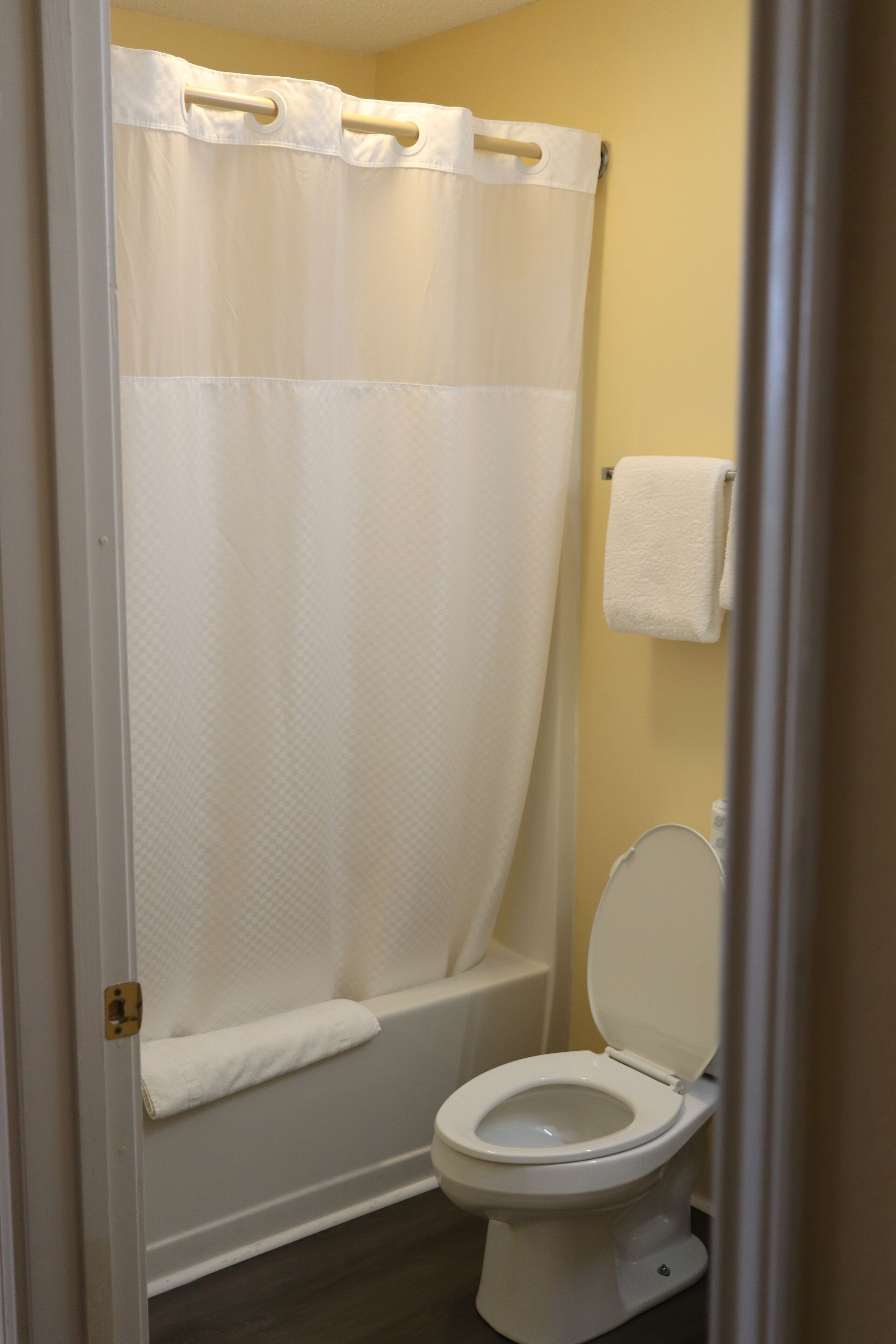 A bathroom with a white toilet, a shower curtain, and a towel hanging on the wall.