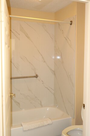 Combined shower/tub, free toiletries, hair dryer, towels