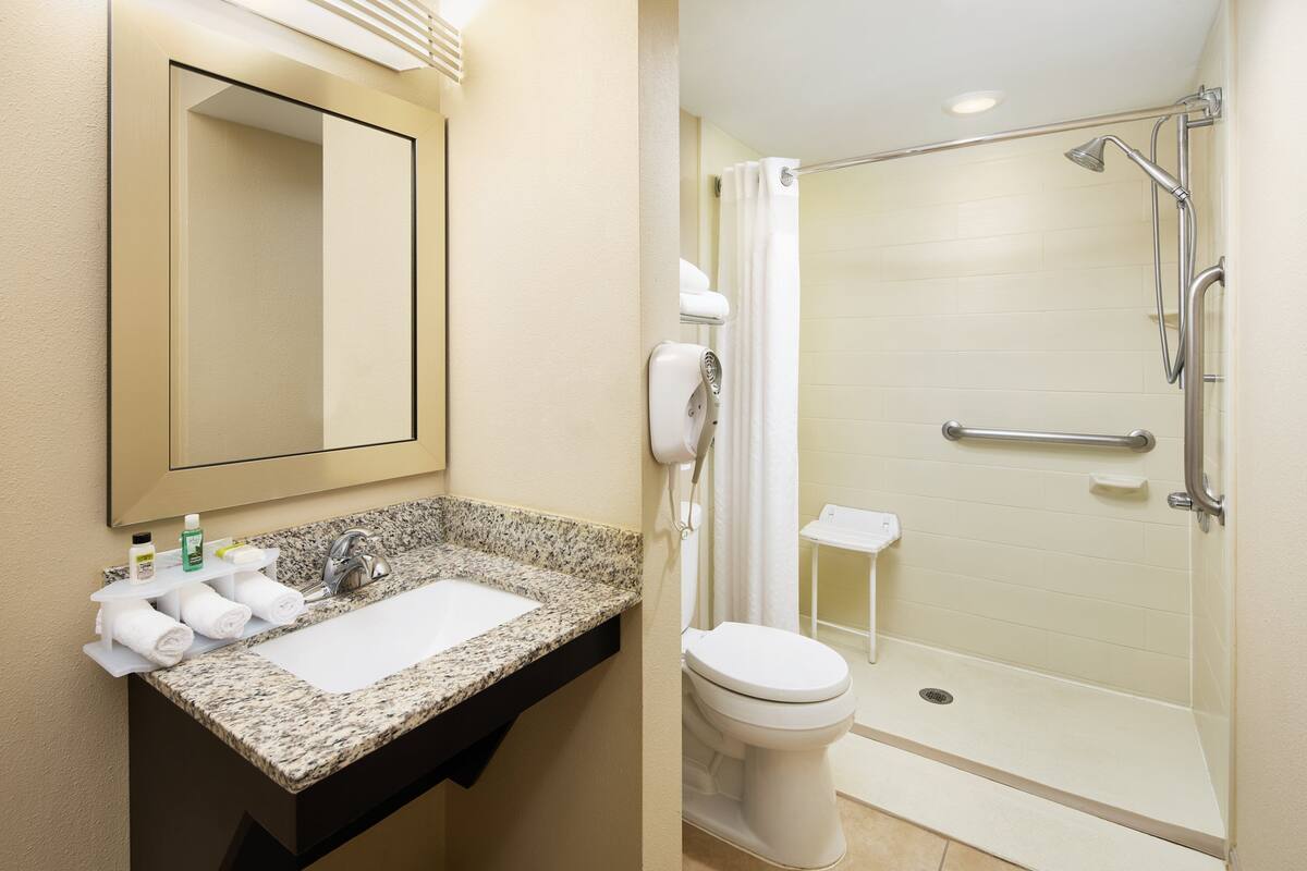 A bathroom with a granite countertop sink, a white toilet, a glass-enclosed shower with a grab bar, and a mirror above the sink.