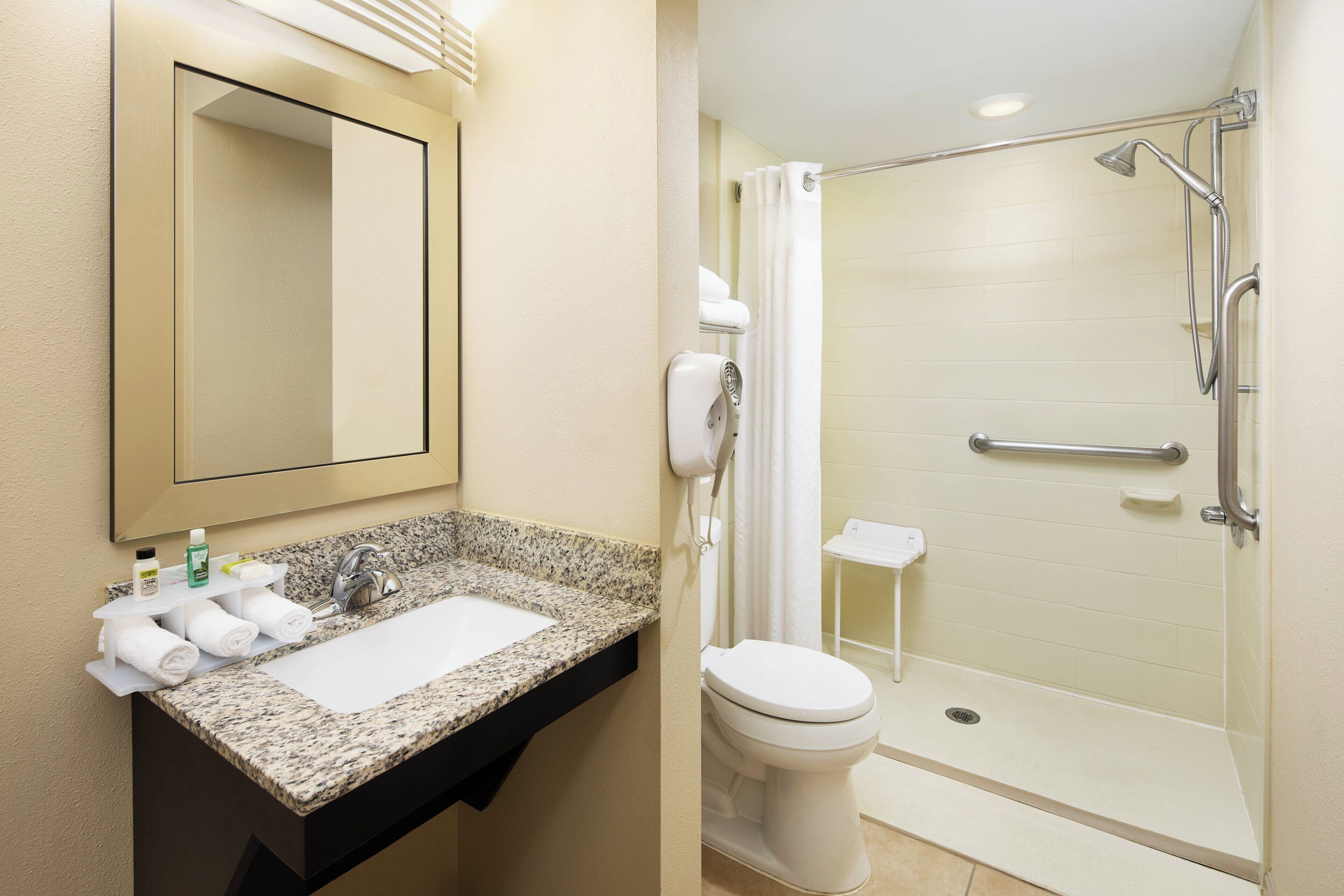 Une salle de bain avec un lavabo sur un plan de travail en granit, un miroir, des toilettes et une douche à l’italienne avec une porte en verre.
