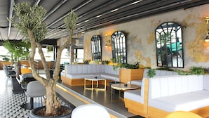 A modern interior with a seating area, potted plants, and a geometric floor pattern. - AHC Old City Hotel (Istanbul)