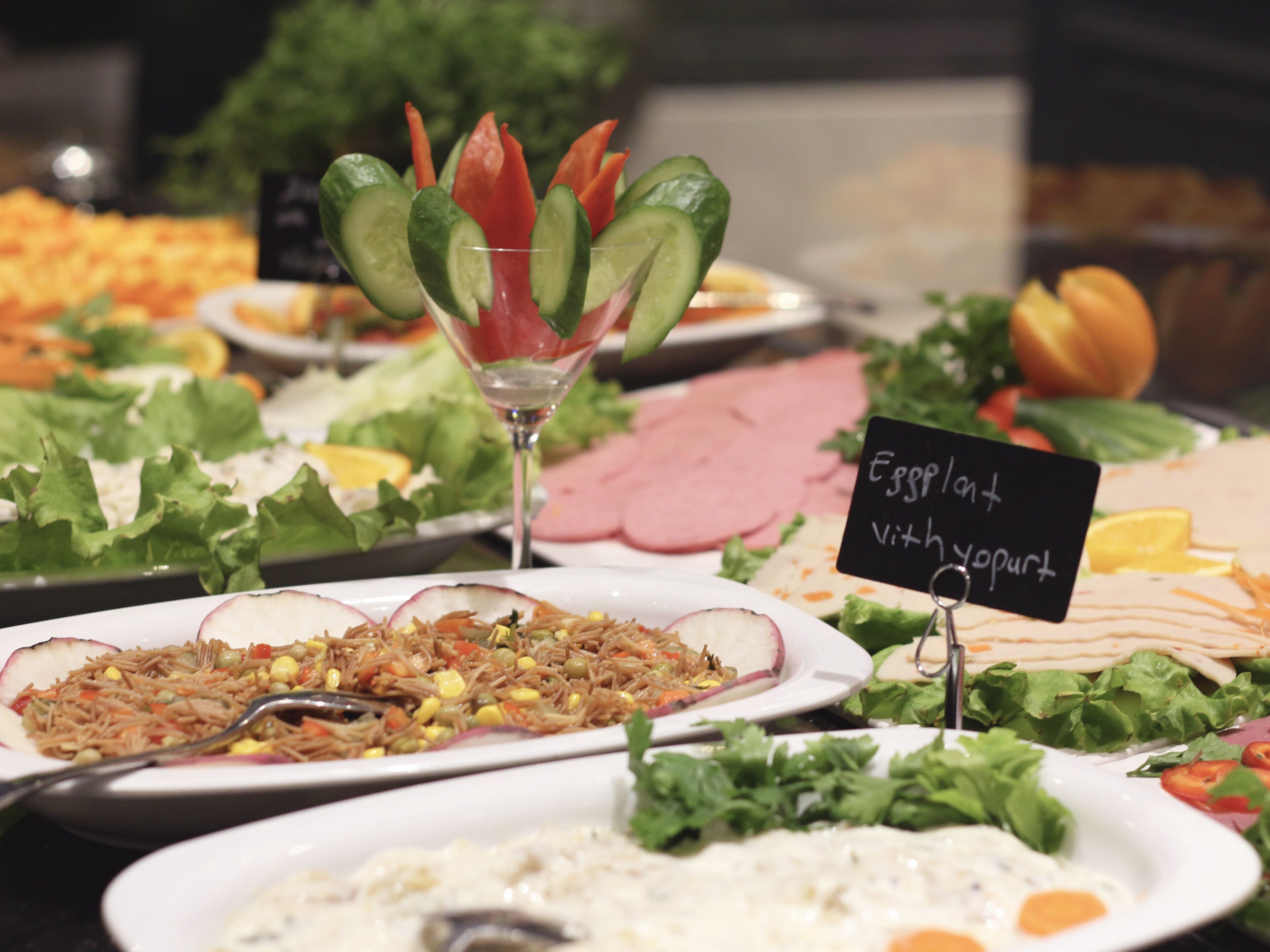 A buffet with various dishes including a salad with cucumbers and carrots, a plate of shredded meat with vegetables, and a sign indicating 'Eggplant with yogurt'.