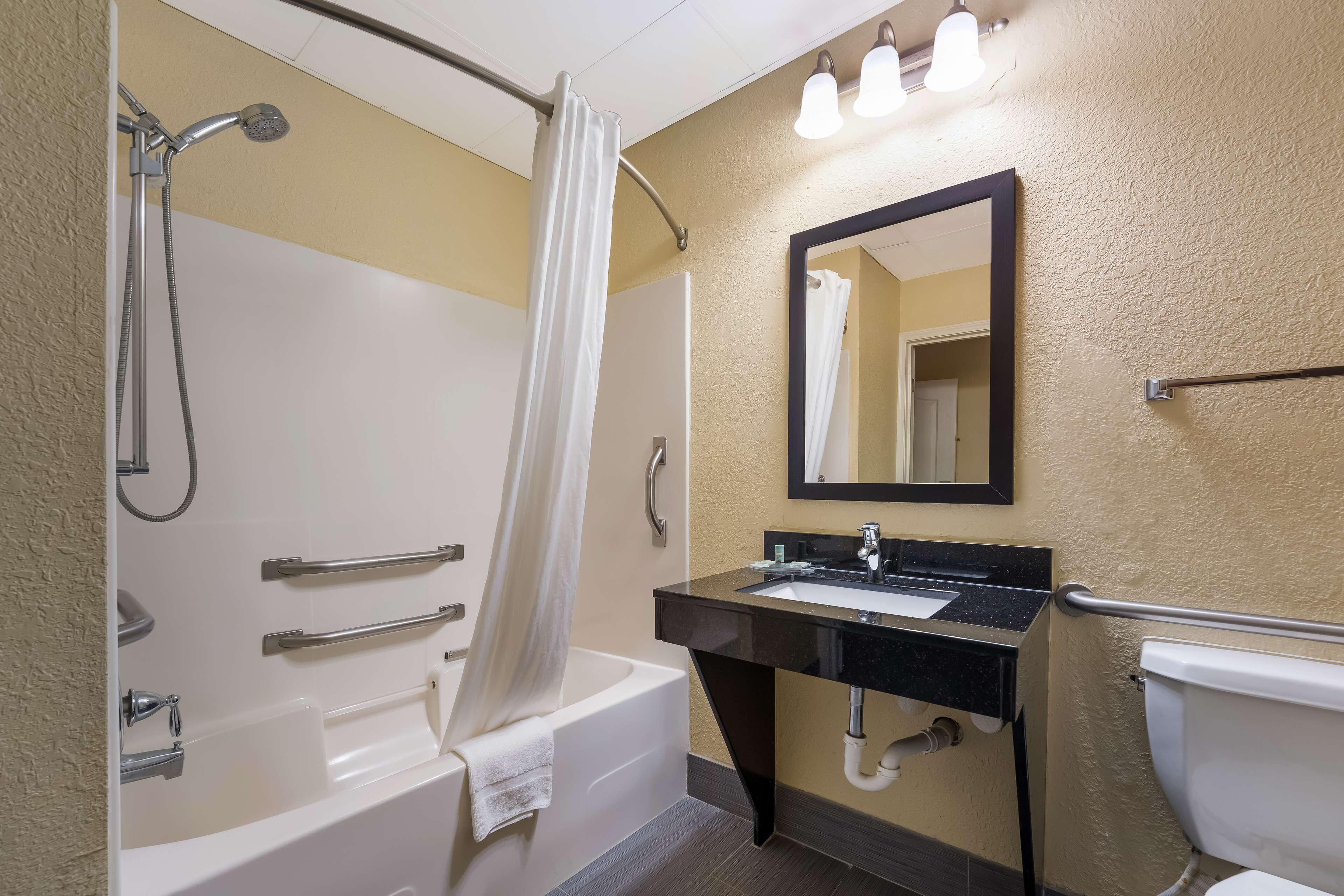 combined shower/bathtub, free toiletries, hair dryer, towels