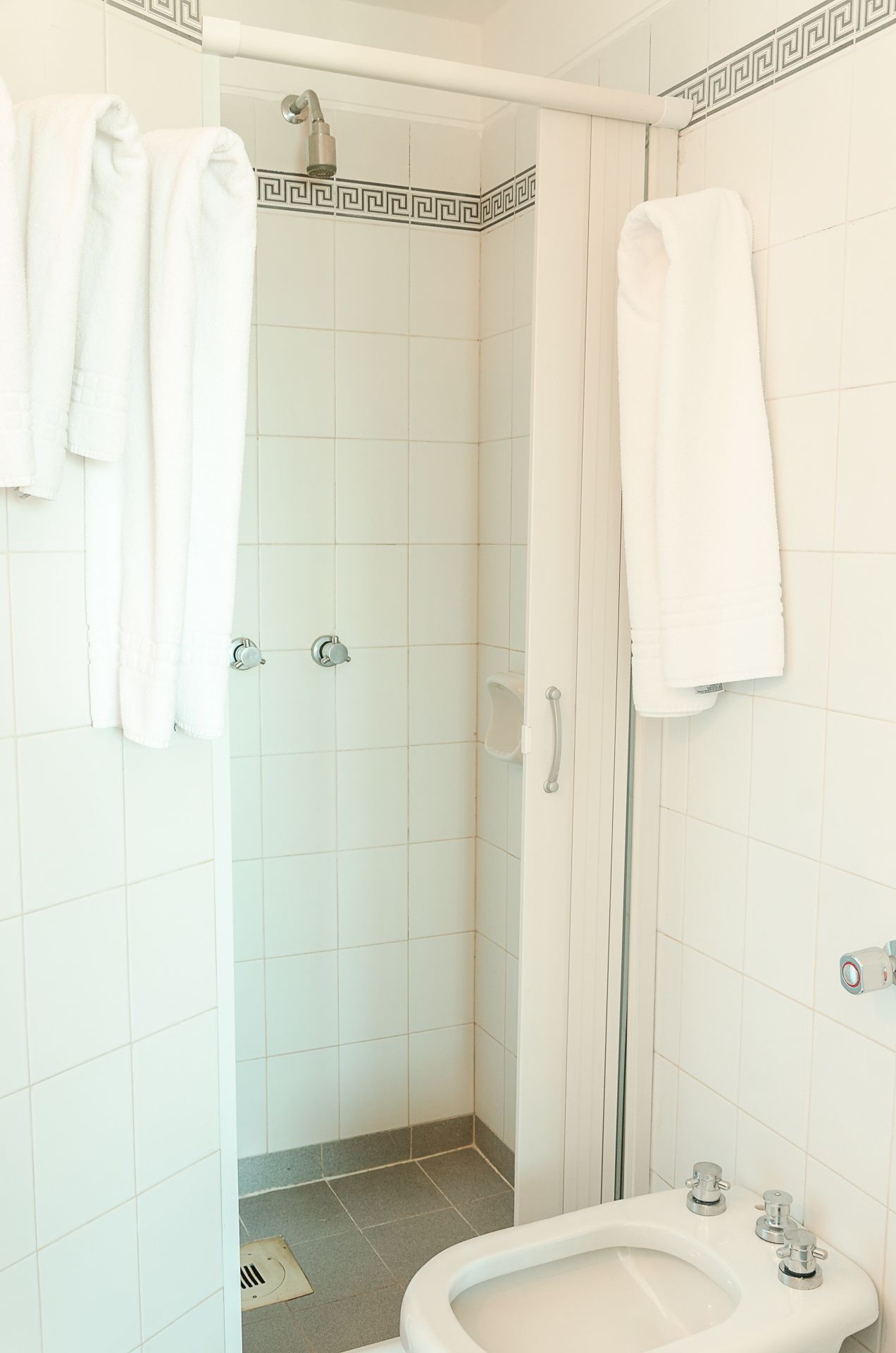 A bathroom with white tiles, a shower, a toilet, and a bidet.