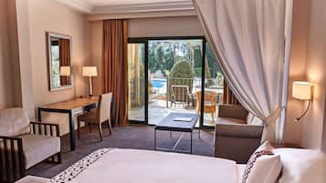 Deluxe Room, Terrace, Pool View | Hypo-allergenic bedding, down duvets, minibar, in-room safe