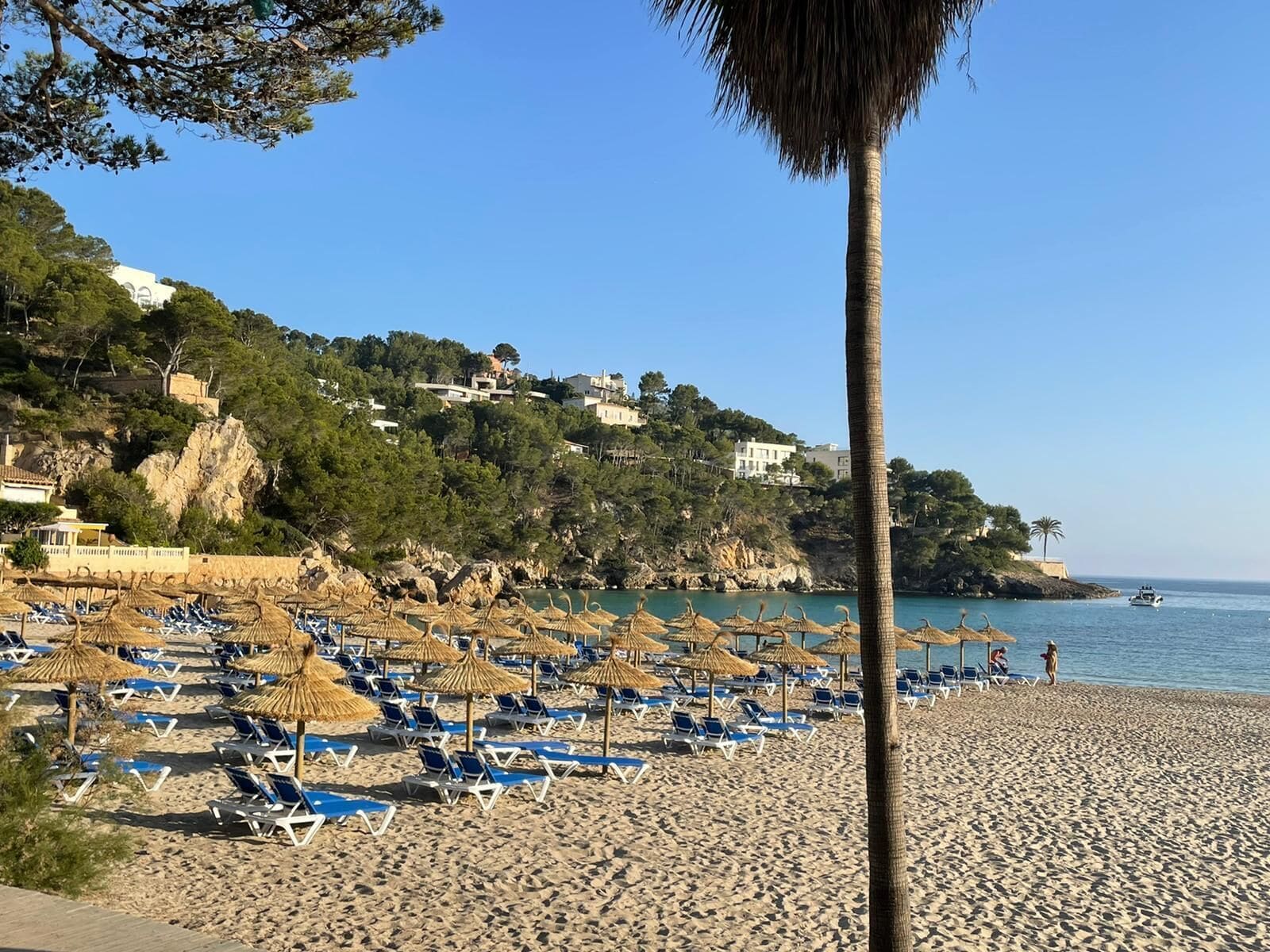 on the beach, sun-loungers, beach umbrellas, beach towels