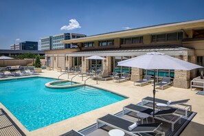 Outdoor pool, pool umbrellas, sun loungers