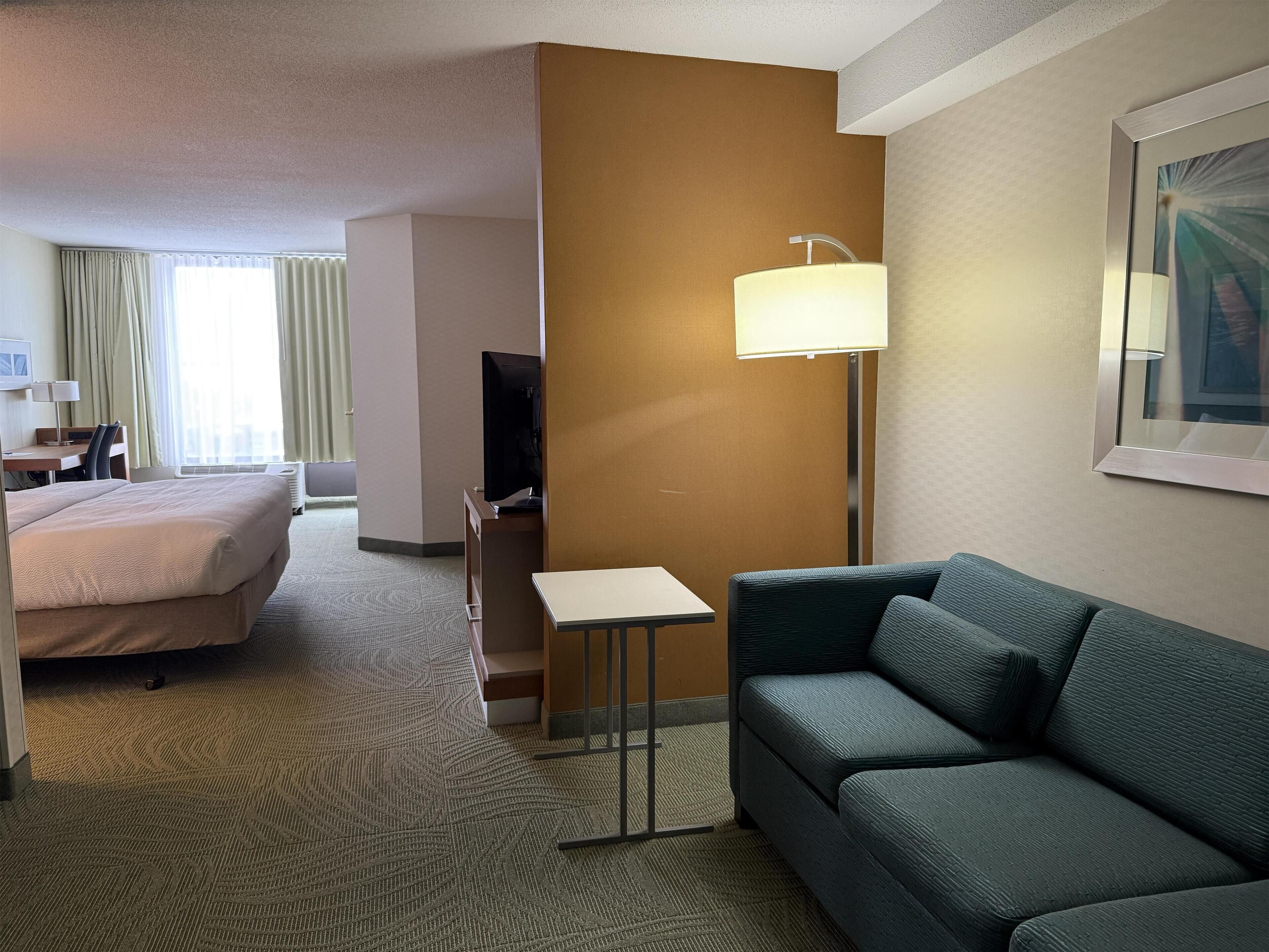 Habitación de hotel con cama, sofá, escritorio con silla, televisor, lámpara y un cuadro en la pared.