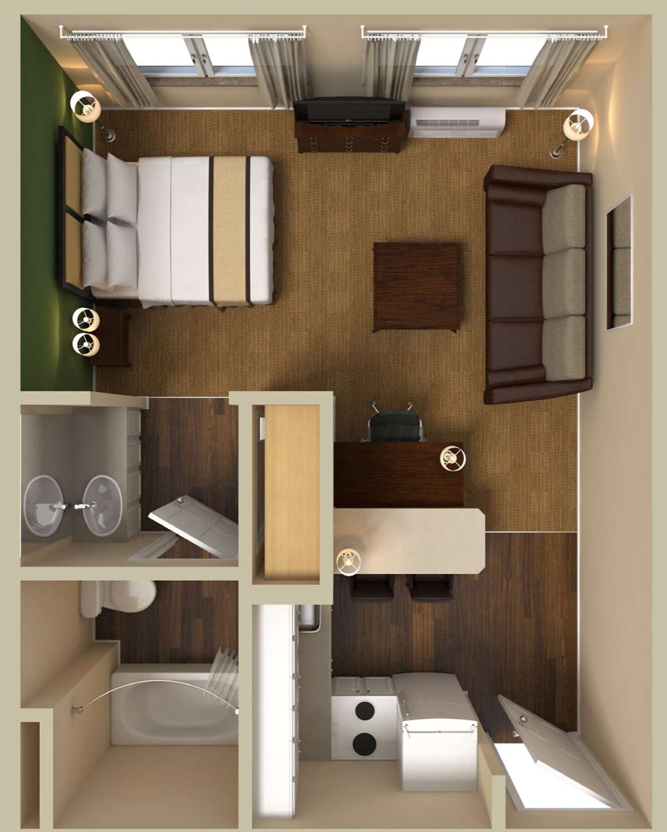 Interior compacto de autocaravana con cama, zona de estar, kitchenette y baño.