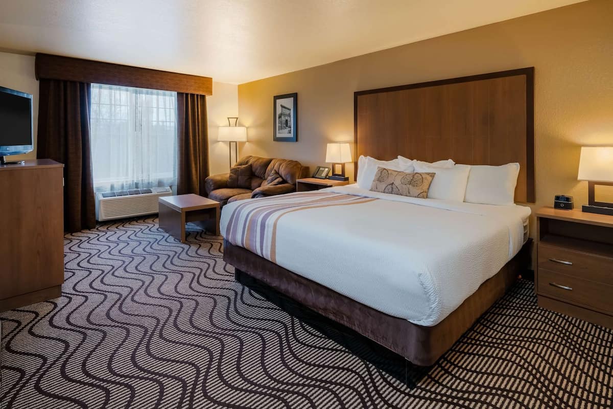 Ein Hotelzimmer mit einem großen Bett, einem Schreibtisch, einem Stuhl, einem Fernseher und einem Fenster mit Vorhängen.