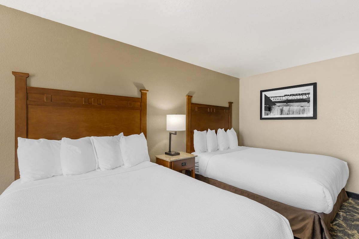 Ein Hotelzimmer mit zwei Betten, einem Nachttisch mit Lampe, einem gerahmten Bild an der Wand und einem Teppichboden.