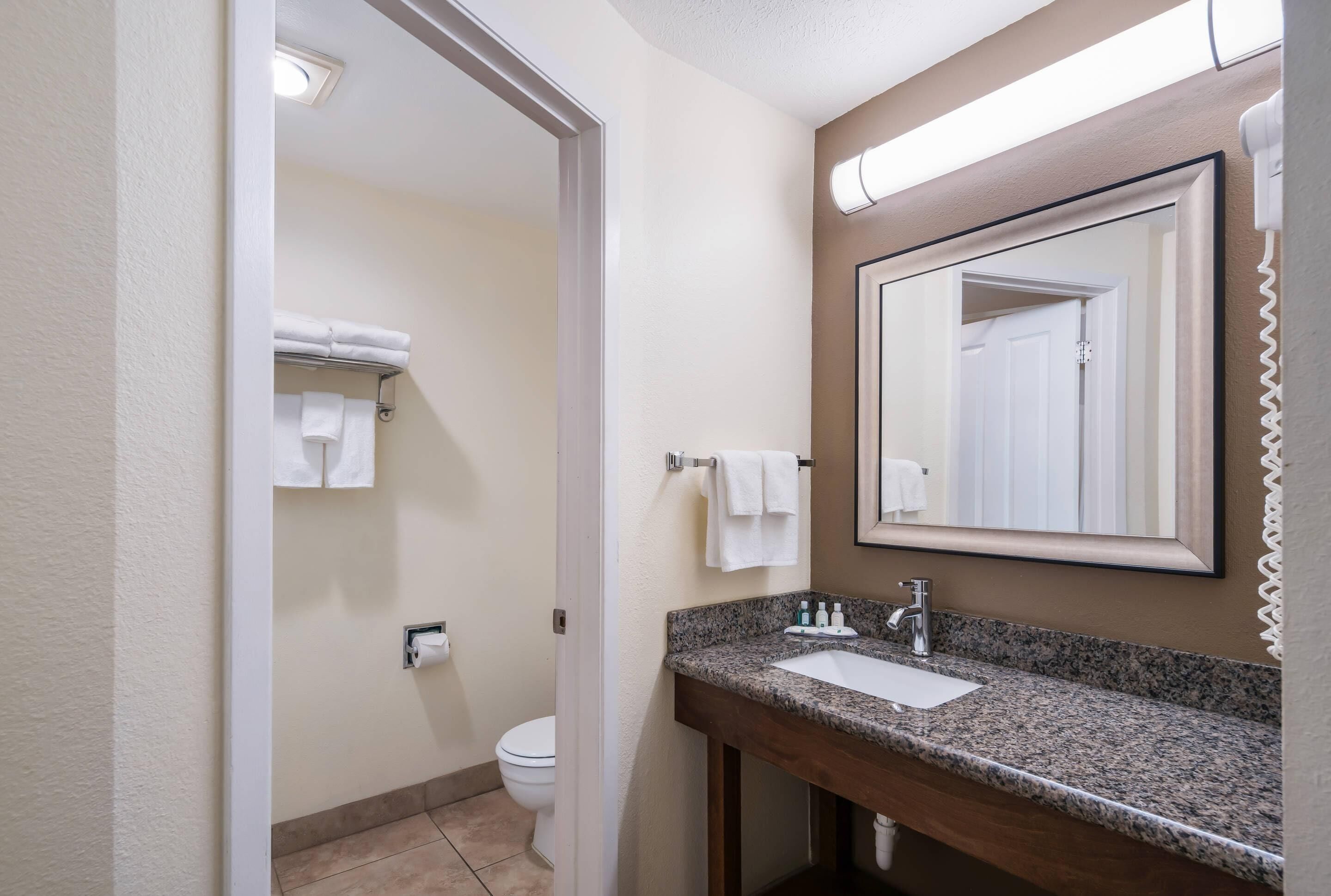Un baño con lavamanos, espejo, toallero y retrete.