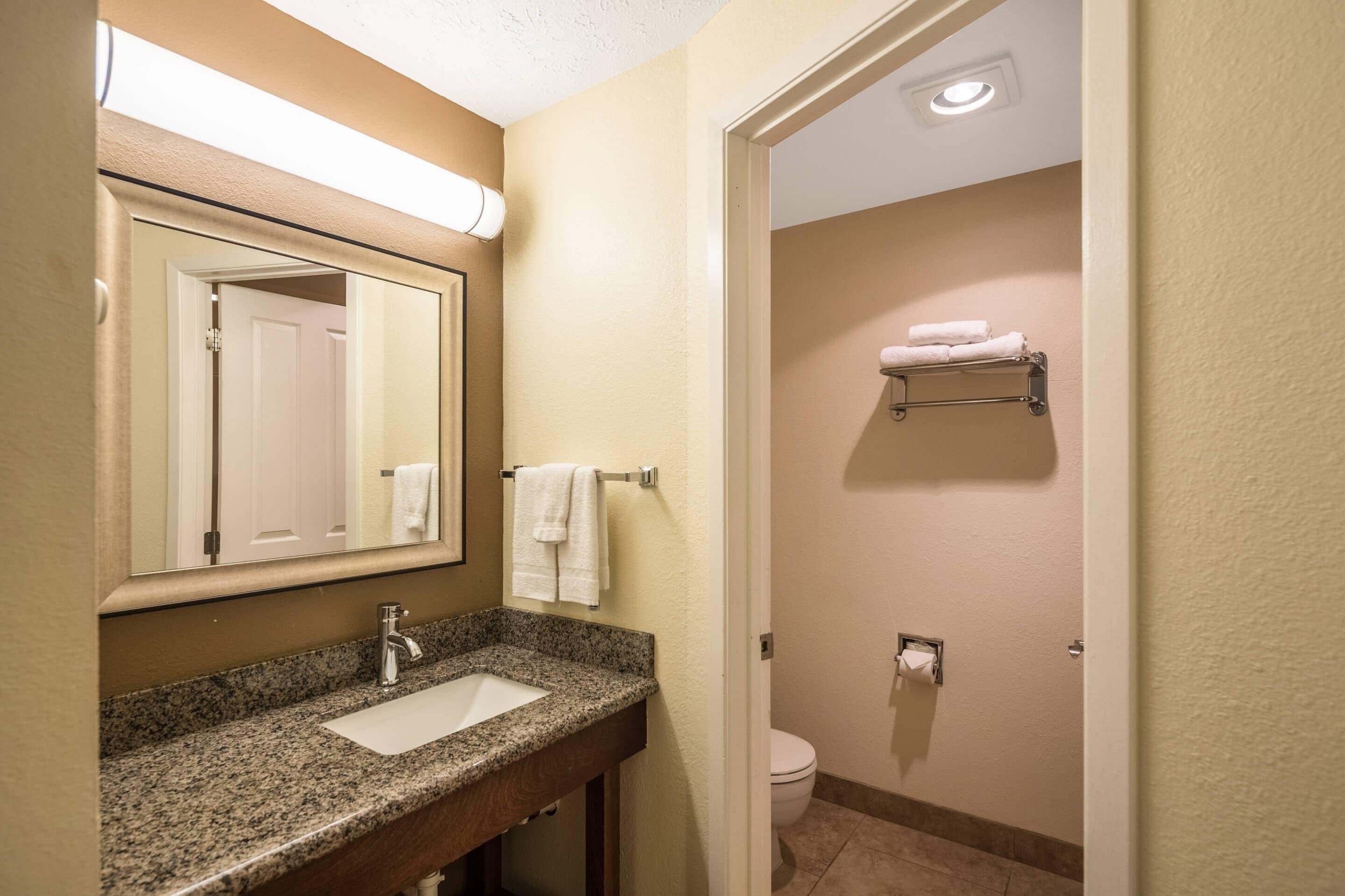 A bathroom with a granite countertop sink, a mirror, a towel rack, and a toilet.