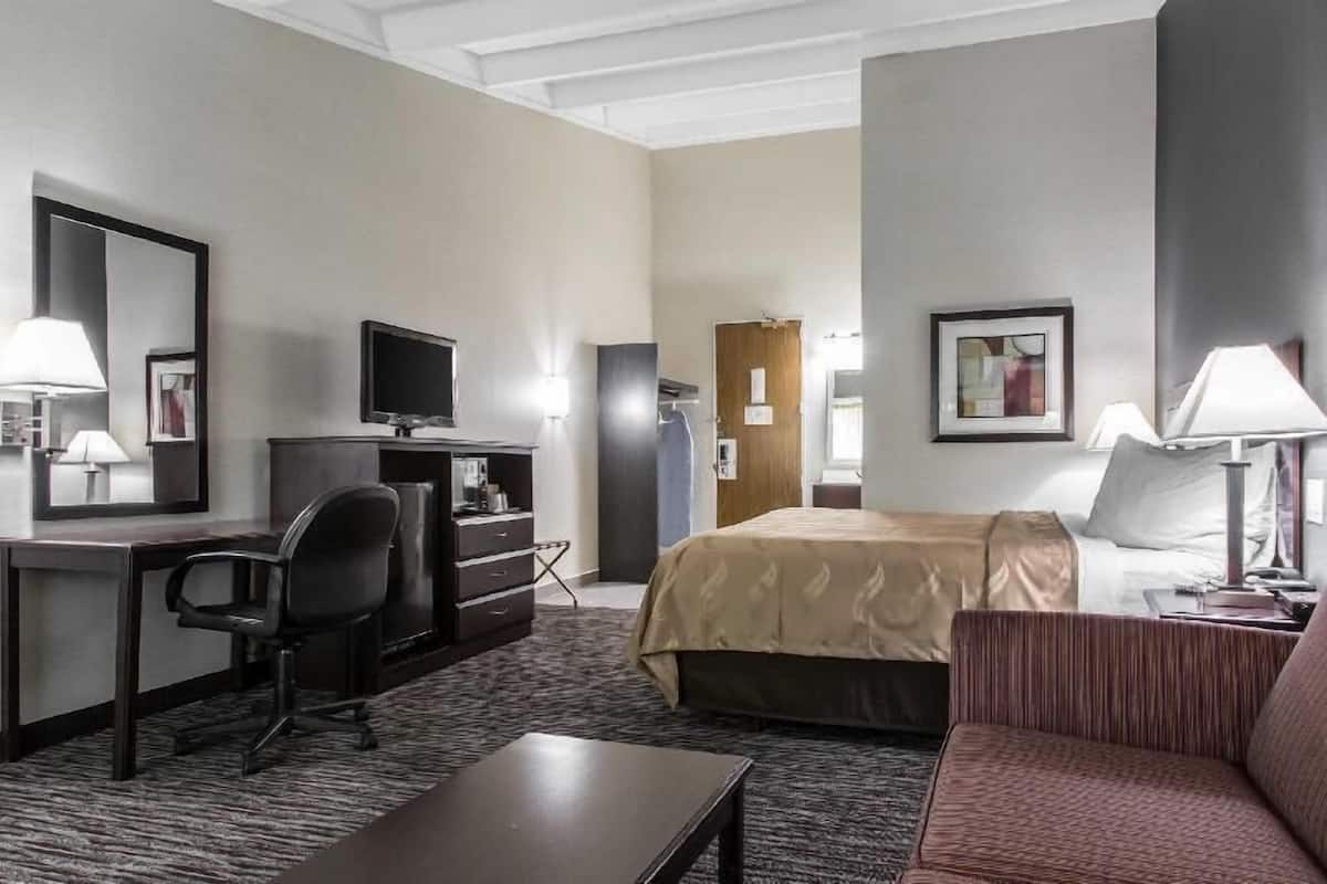 A hotel room with a bed, desk, chair, TV, and a sofa.