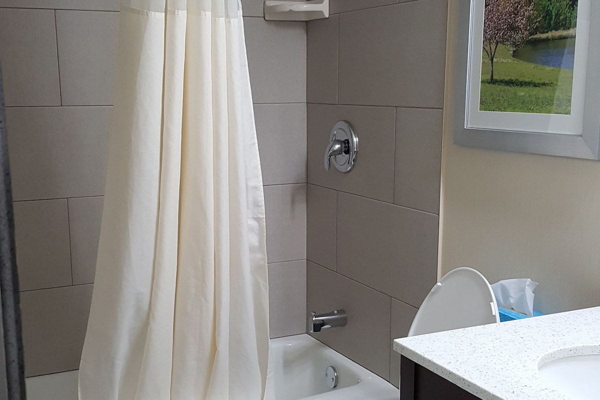 A modern bathroom with a shower, toilet, and sink.