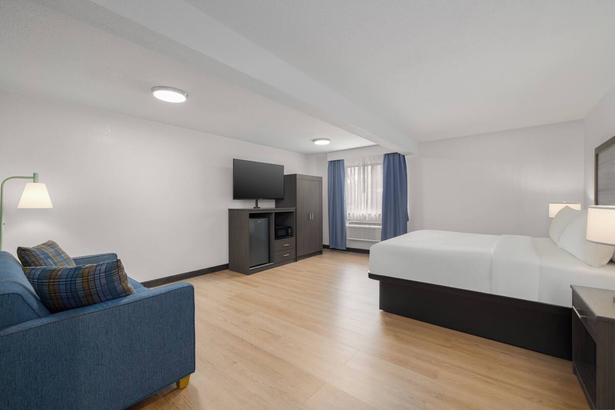 Una habitación de hotel con cama, sofá, televisión, escritorio y armario.