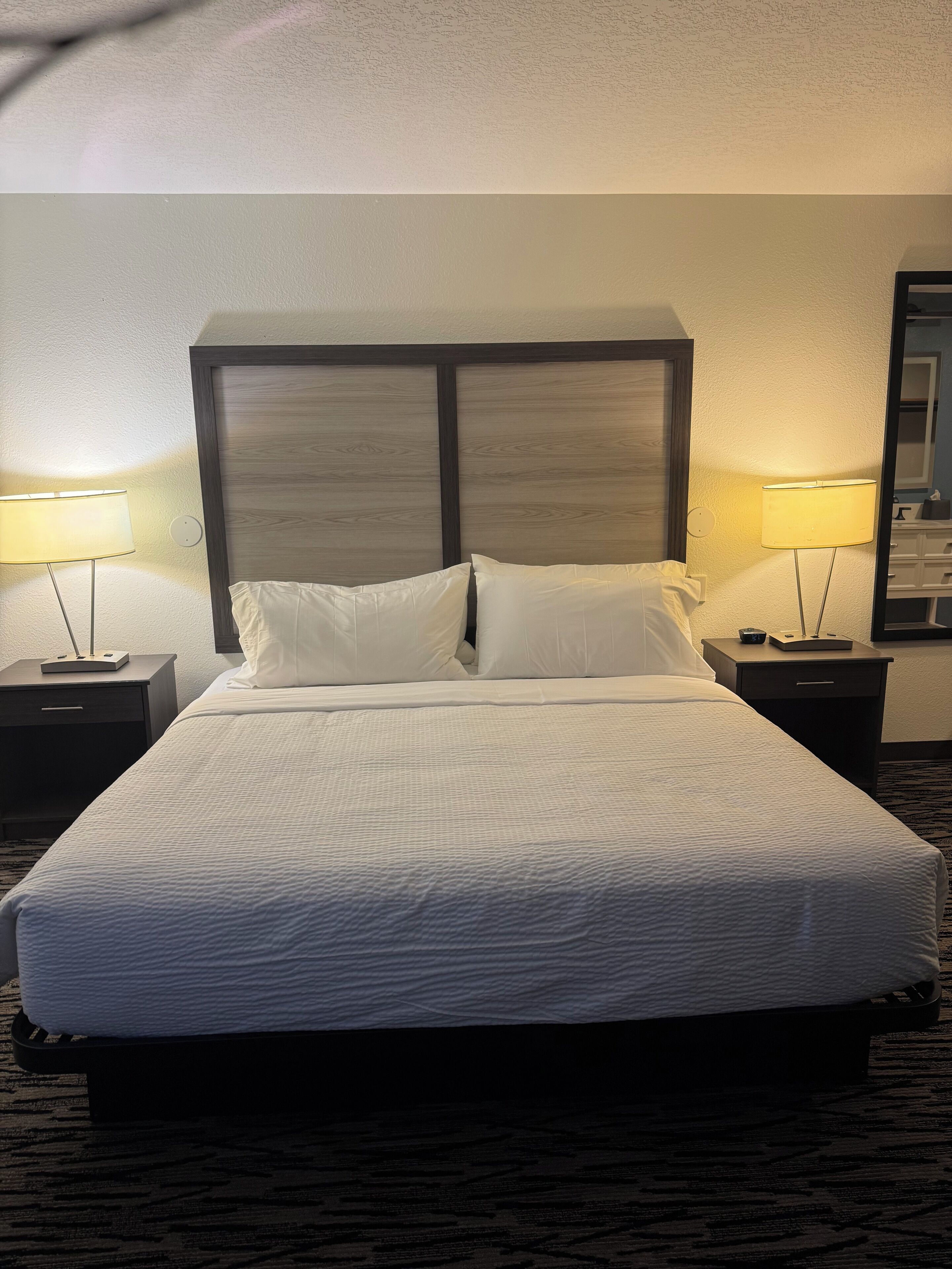 Une chambre d’hôtel avec un grand lit, deux tables de chevet avec des lampes, une tête de lit en bois et un sol recouvert de moquette.
