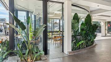 A modern indoor space with glass doors leading to an outdoor seating area, surrounded by large green plants.