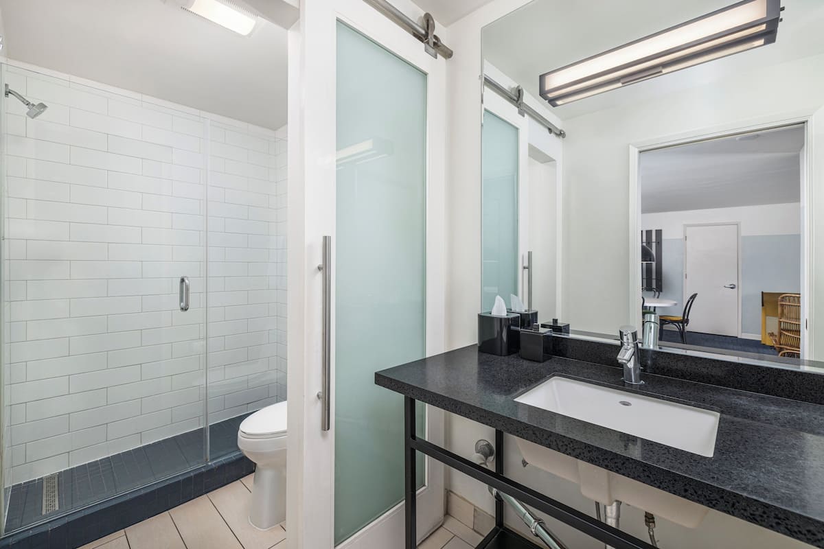 shower, free toiletries, hair dryer, bathrobes