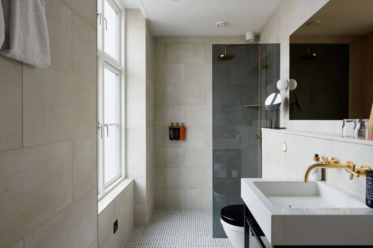 large deluxe | bathroom | shower, hair dryer, towels