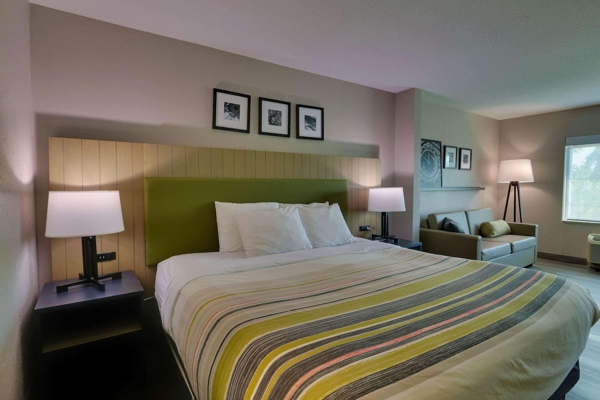 Une chambre d’hôtel avec un grand lit, deux tables de chevet avec des lampes, une tête de lit verte et des tableaux encadrés au mur.