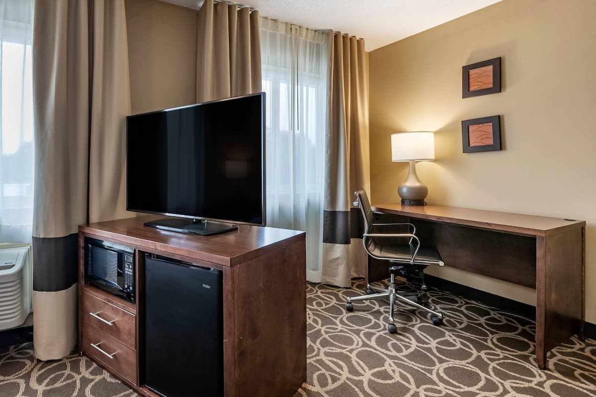 desk, blackout curtains, soundproofing, iron/ironing board