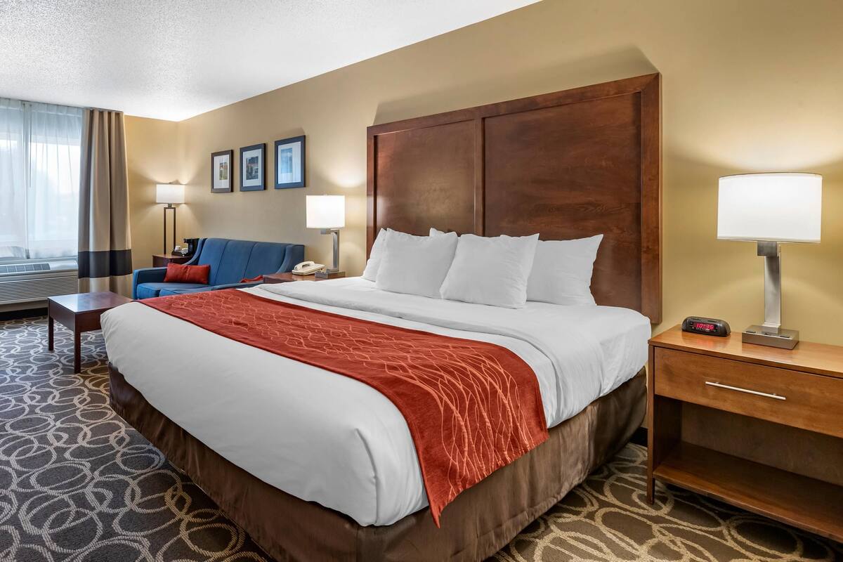 A hotel room with a large bed, a bedside table with a lamp, a desk with a chair, and a view of the outdoors.