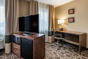 Desk, blackout curtains, soundproofing, iron/ironing board