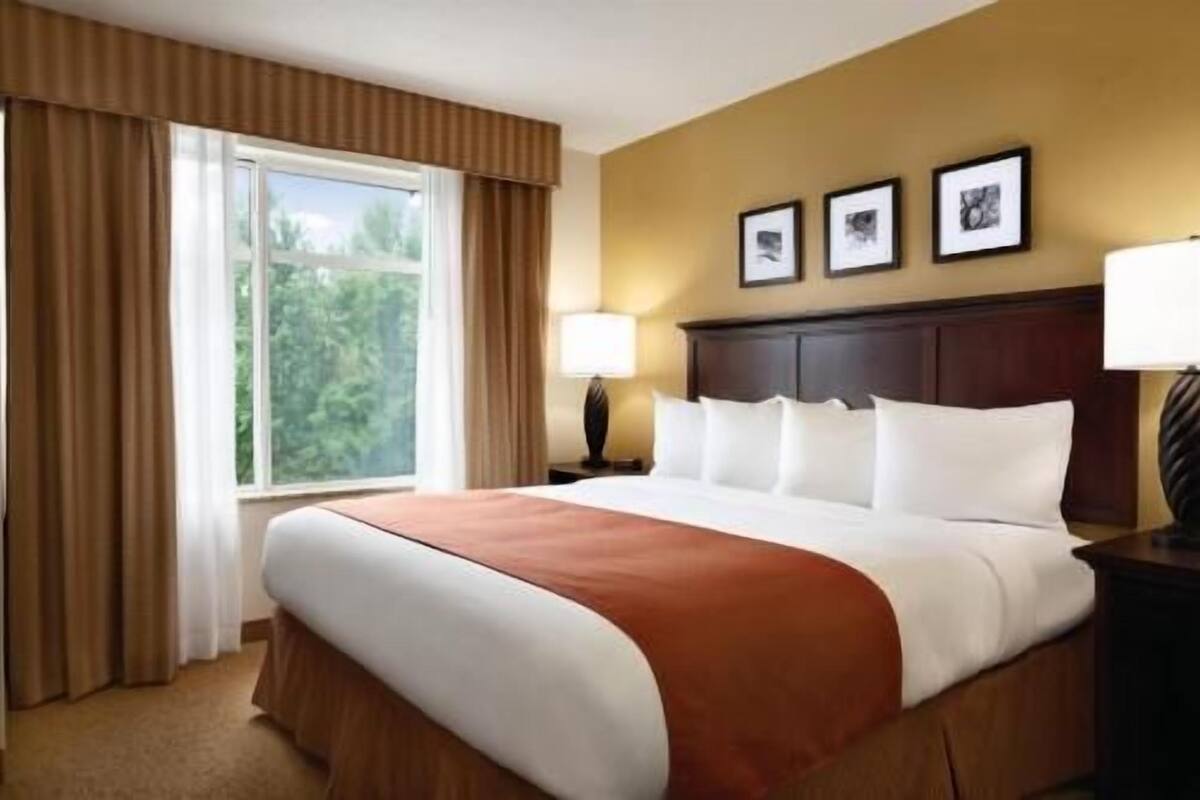 Una habitación de hotel con una cama grande, una ventana con cortinas, una mesita de noche con lámpara y cuadros en la pared.