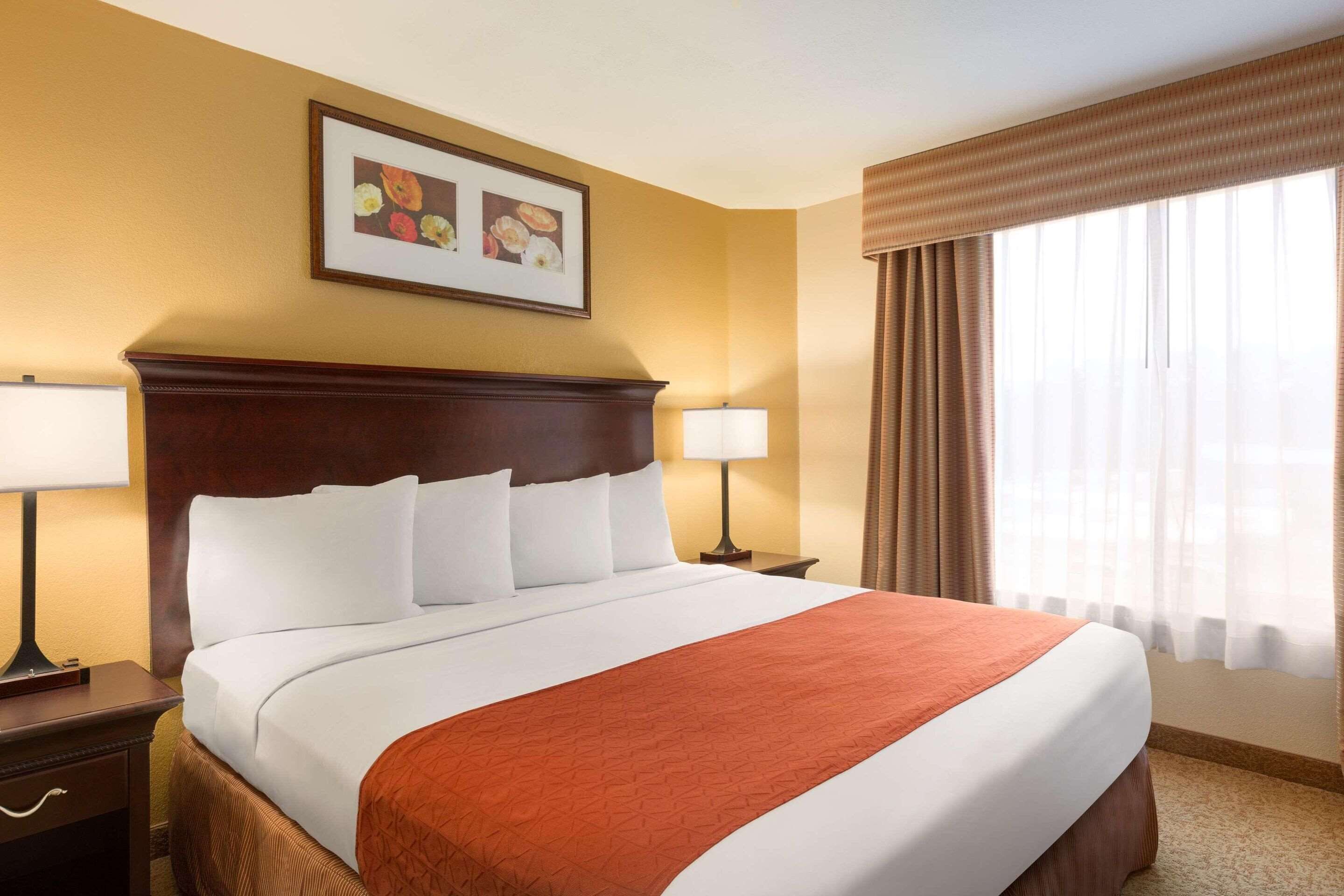 Habitación de hotel con una cama grande, dos mesitas de noche, una lámpara, un cuadro enmarcado en la pared y una ventana con cortinas.