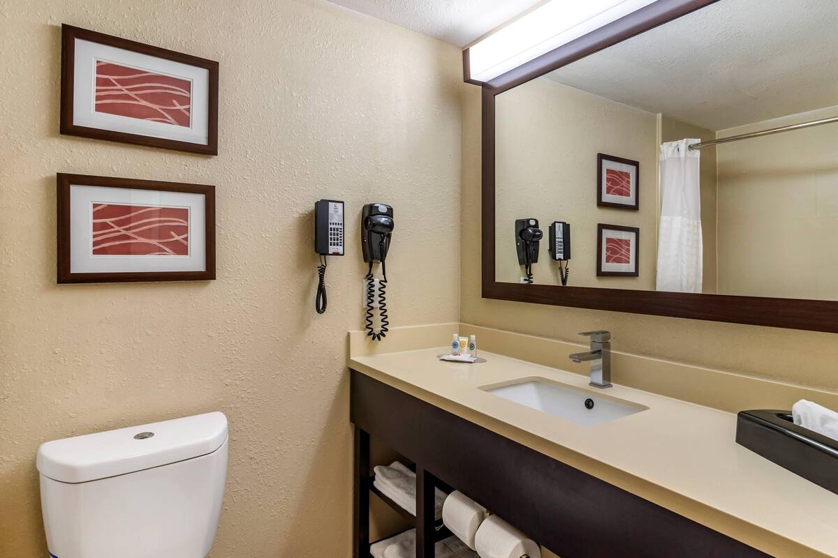 A bathroom with a toilet, sink, and two framed pictures on the wall.