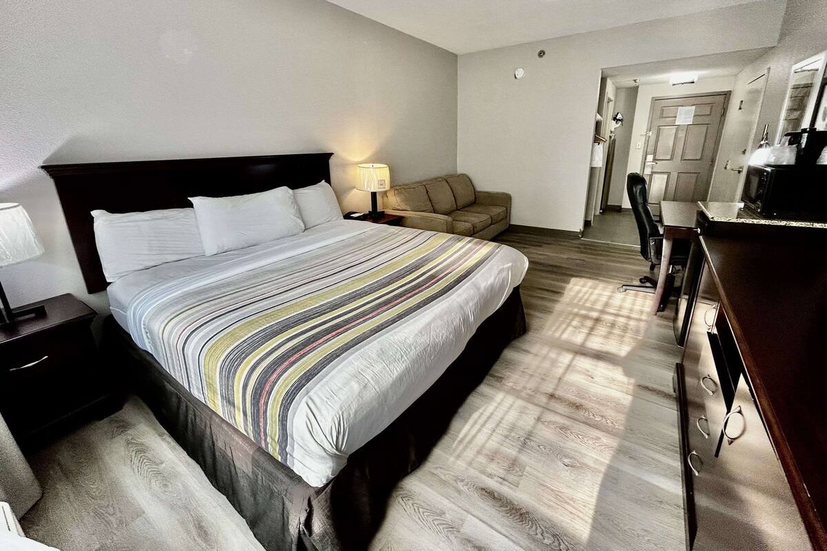 A hotel room with a large bed, a bedside table with a lamp, a sofa, a desk with a chair, and a microwave.