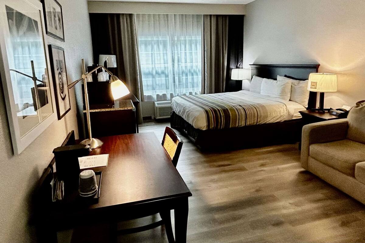 A hotel room with a bed, a desk, a chair, and a couch. There are two lamps on the nightstands.