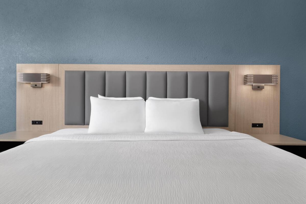 Une chambre d’hôtel moderne avec un grand lit, une tête de lit rembourrée de couleur grise et des luminaires fixés au mur.