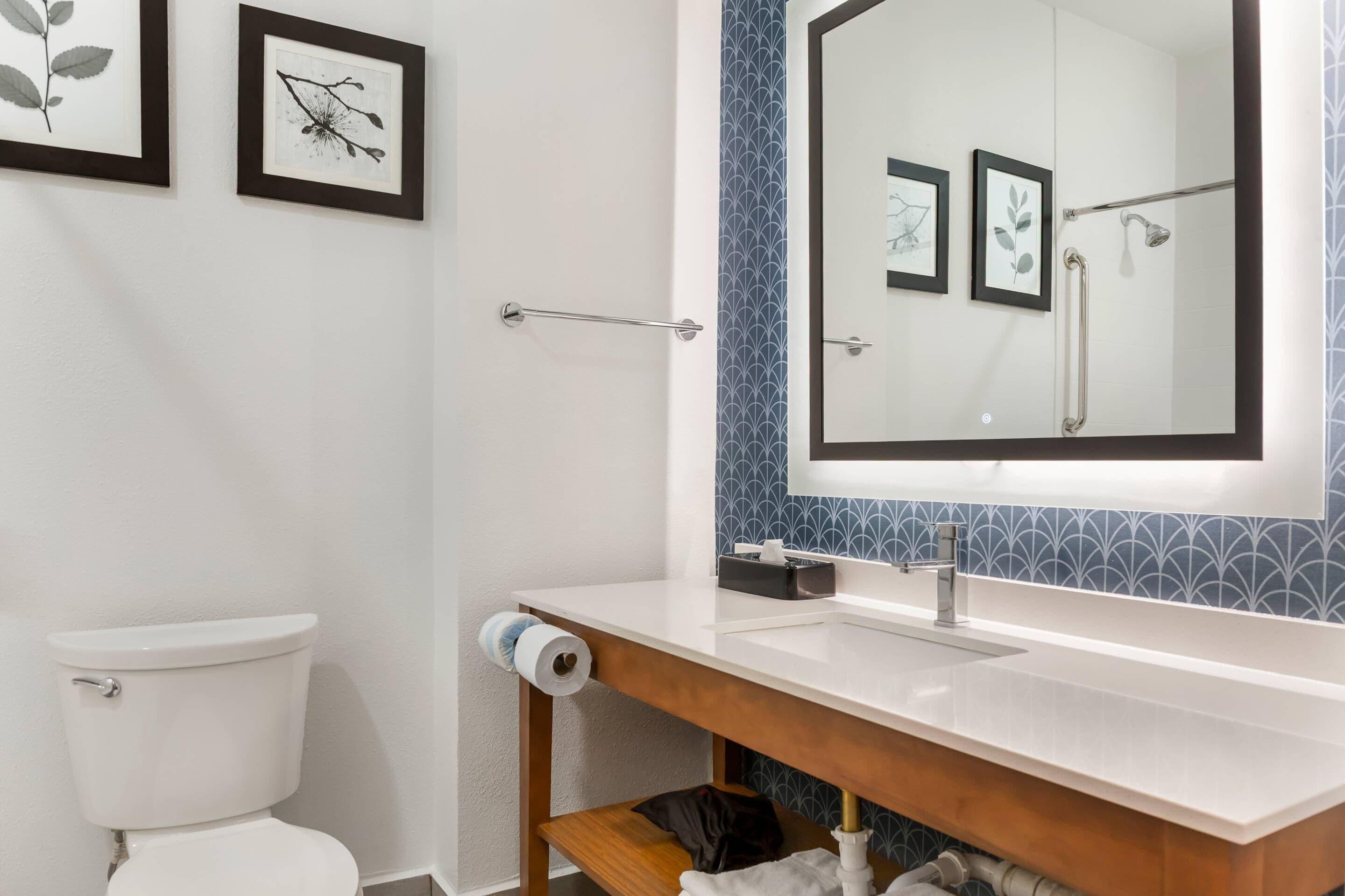 Ein Badezimmer mit Toilette, Waschbecken mit Spiegel, gerahmten Bildern an der Wand und einem Handtuchhalter.