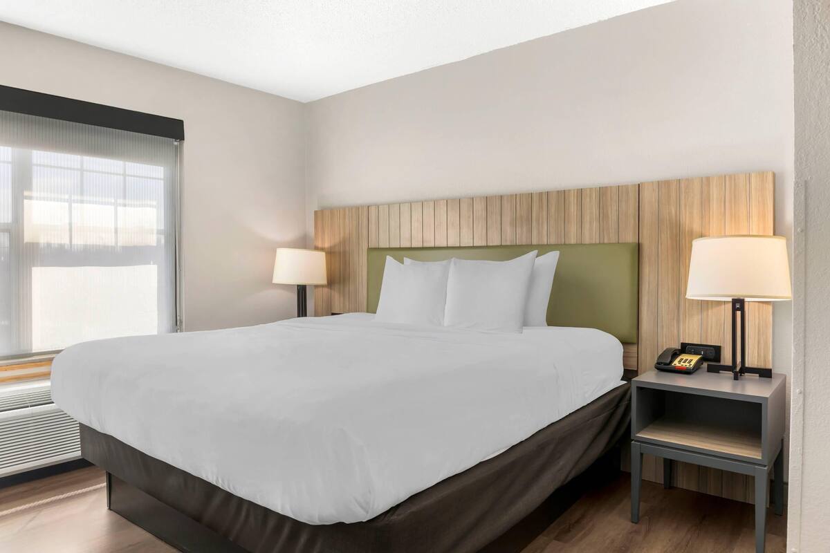 A hotel room with a large bed, two bedside tables with lamps, a telephone, and a window with blinds.
