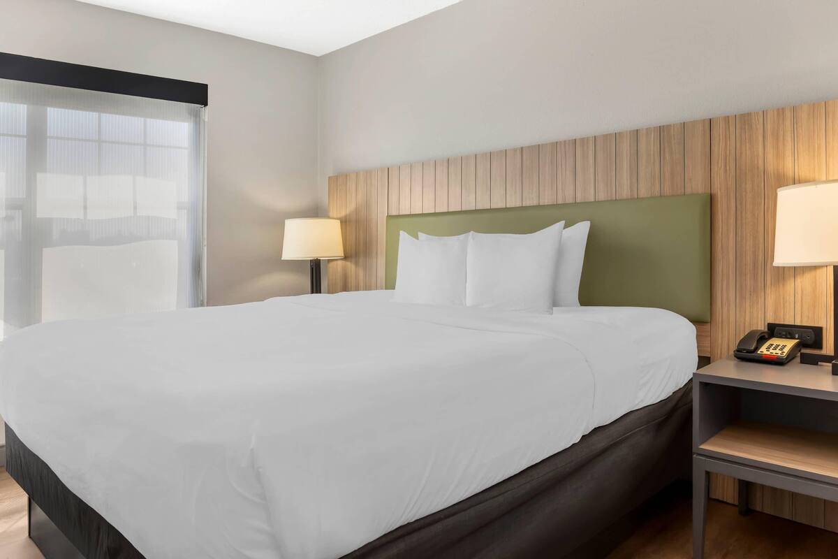 A hotel room with a large bed, a wooden headboard, a bedside table with a lamp, and a phone.