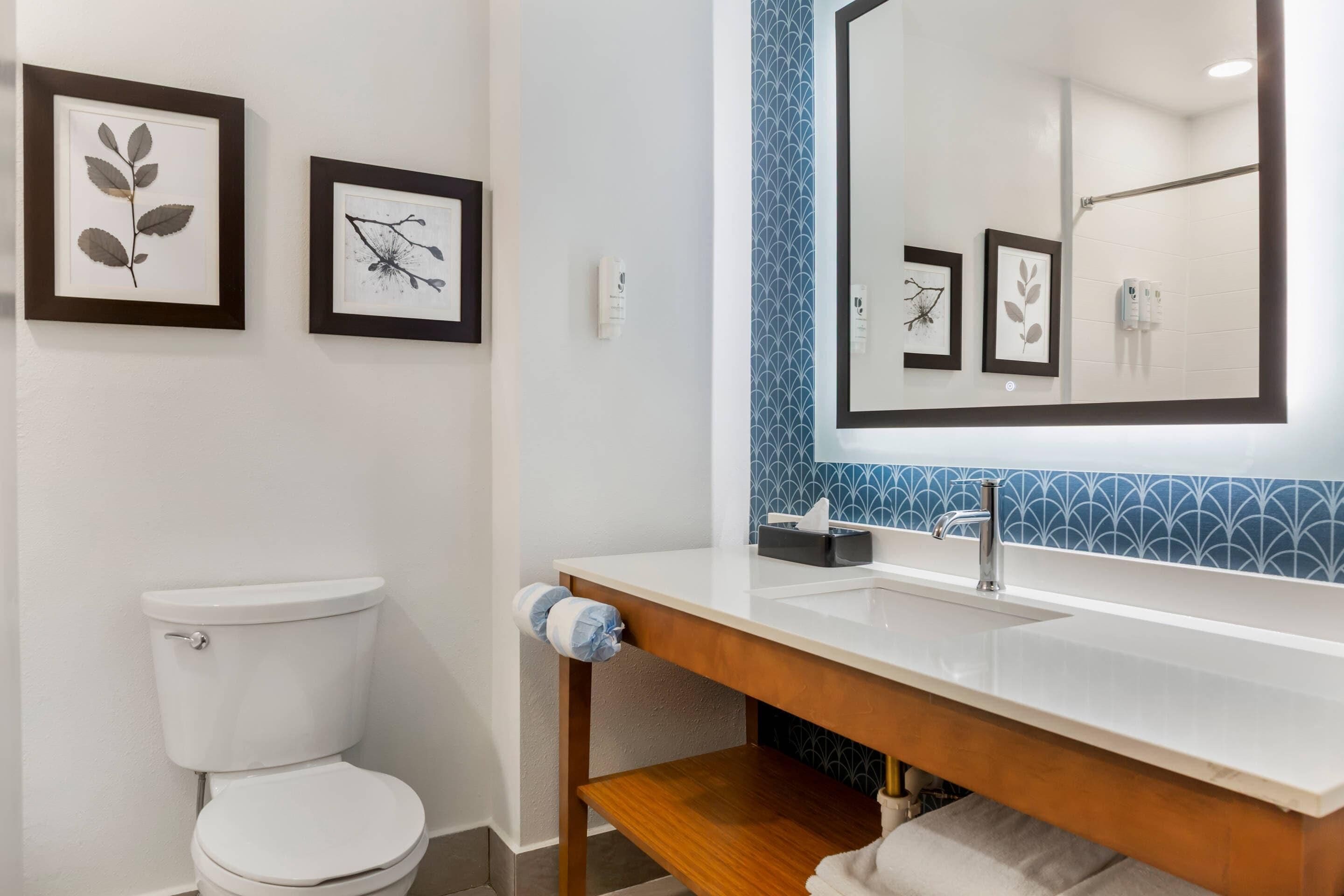 Une salle de bain comprenant des toilettes, un lavabo, un miroir et des œuvres d’art encadrées accrochées au mur.
