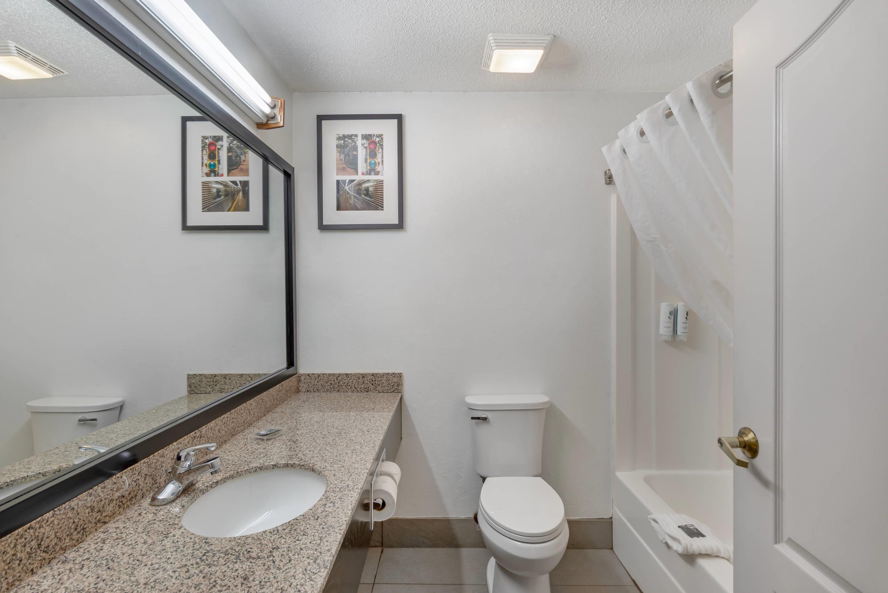 Un baño con encimera de granito, un lavamanos blanco, inodoro, un cuadro en la pared y cortina de ducha.
