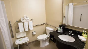 A standard hotel bathroom with a toilet, sink, and handrails.