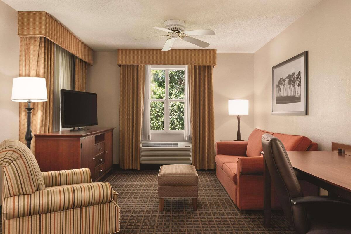 Habitación de hotel con televisión, sofá, sillón, mesa, ventana con cortinas, ventilador de techo y un cuadro en la pared.
