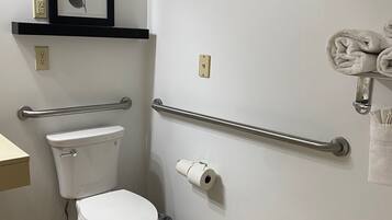 A bathroom with a toilet, a handrail, a roll of toilet paper, and a framed picture on the wall.
