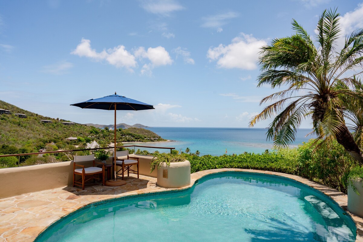 A swimming pool with a view of the ocean, surrounded by palm trees and a patio with chairs and an umbrella.