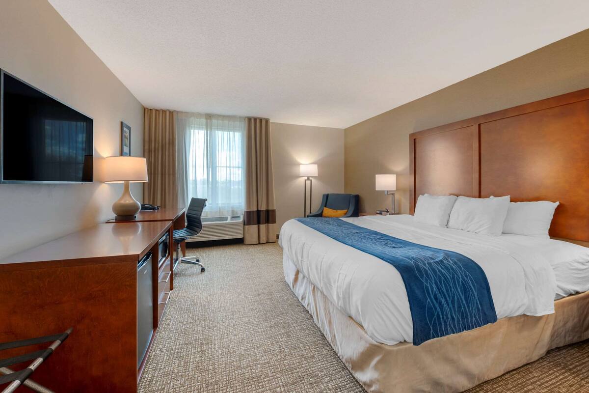 Habitación de hotel con cama, escritorio, silla, televisor y lámparas.