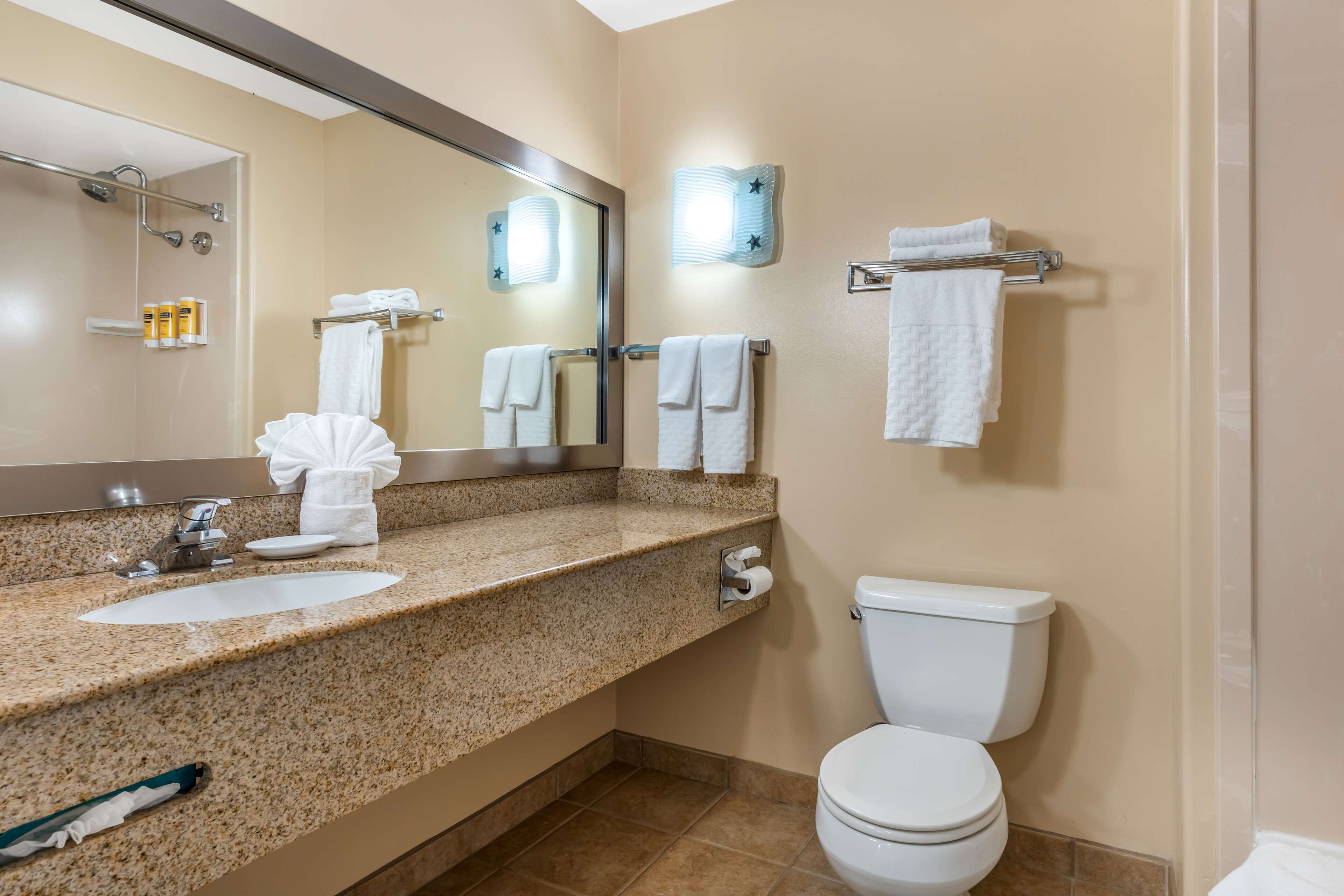 A bathroom with a granite countertop, two sinks, a toilet, a towel rack, and a mirror.