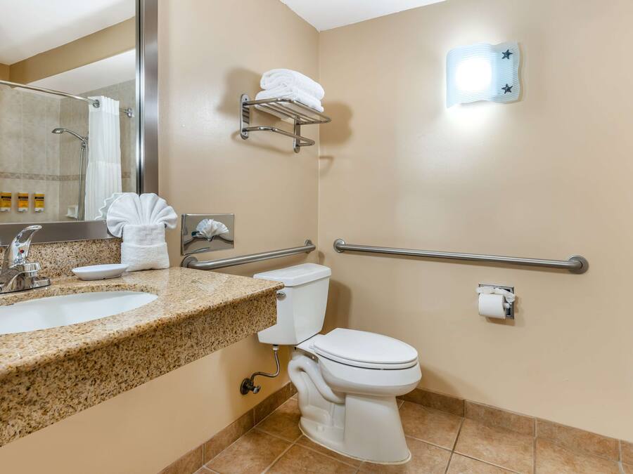 A bathroom with a sink, toilet, handrails, and a towel rack.
