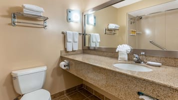 A bathroom with a toilet, sink, mirror, towel rack, and shower area.