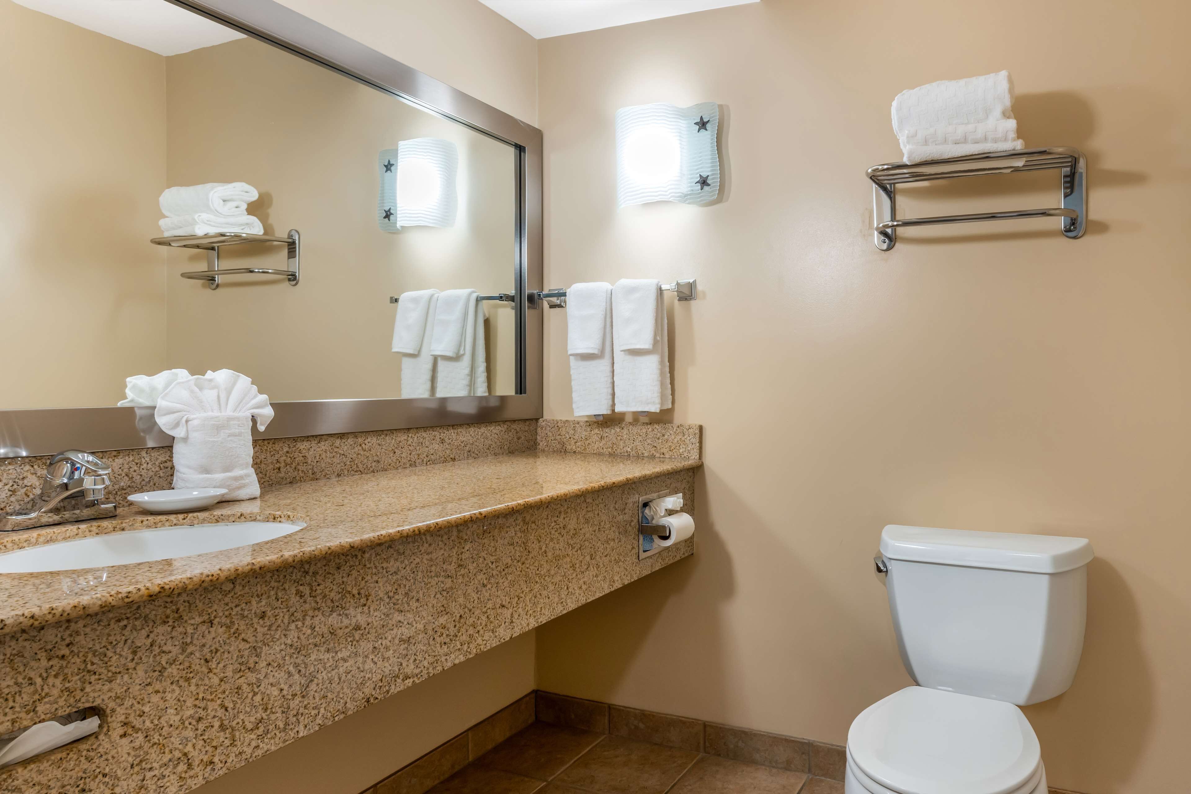 Une salle de bain avec un comptoir en granit, un lavabo, un miroir, des toilettes et des porte-serviettes.
