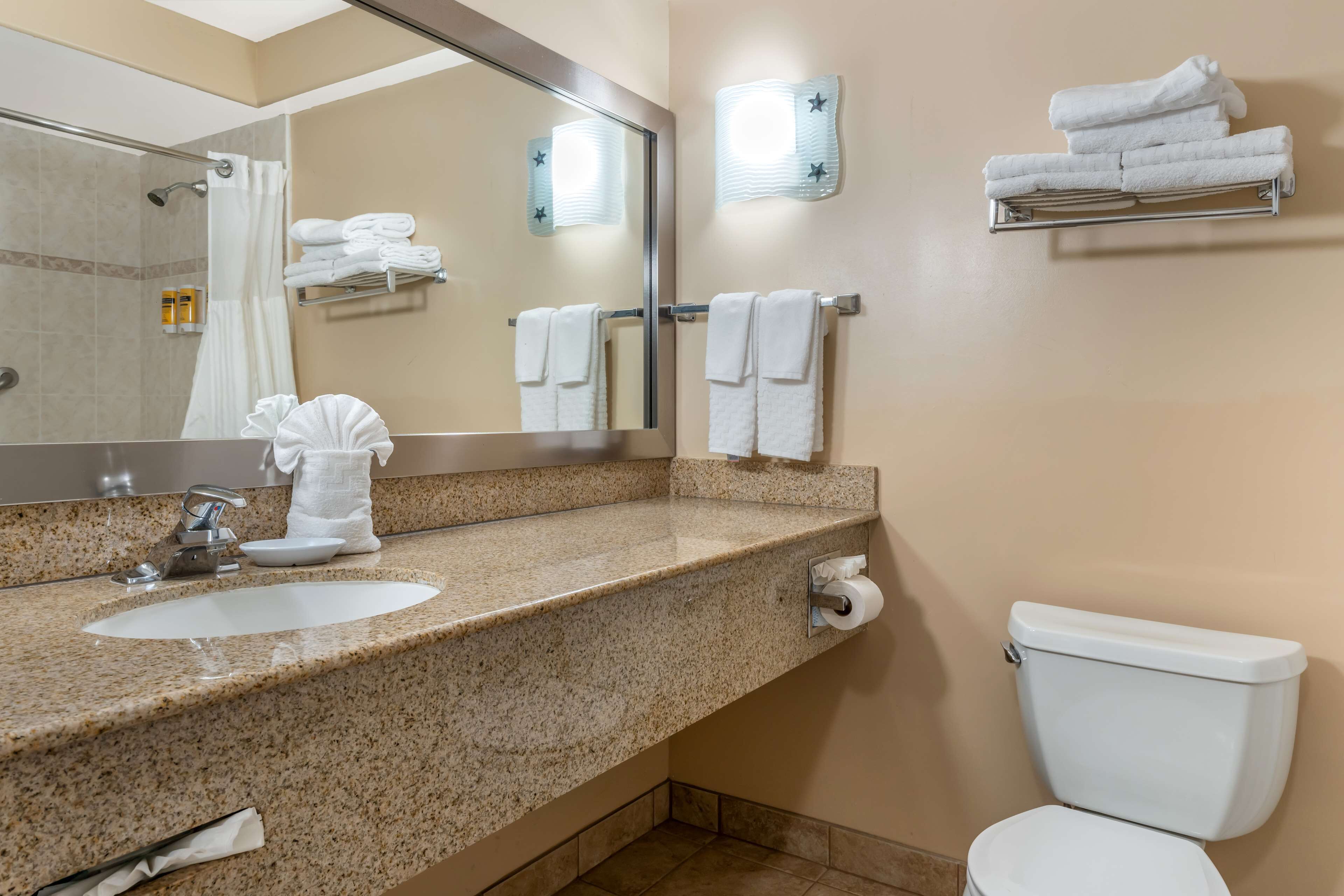 A bathroom with a granite countertop sink, a mirror, a toilet, and towel racks.